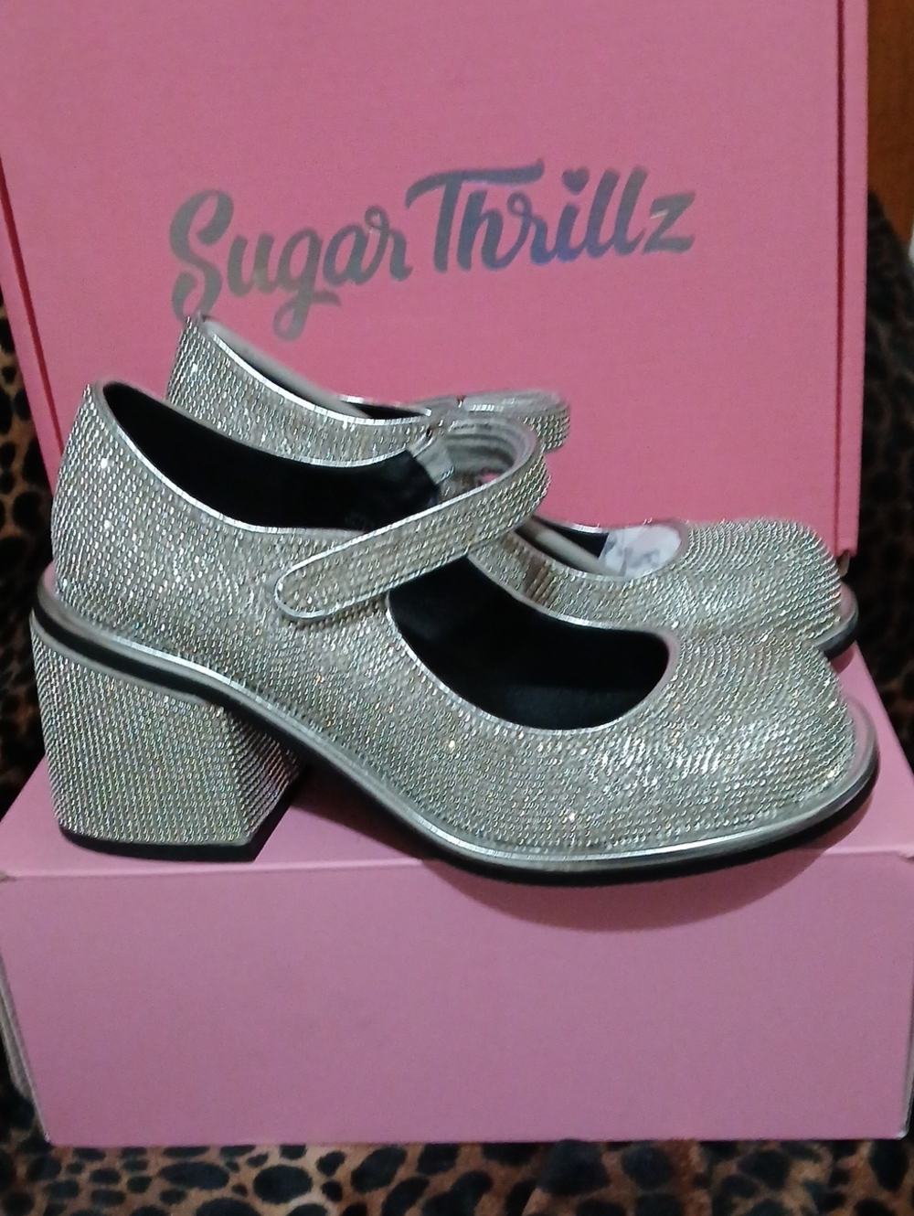 Sugar Thrillz Rhinestone Glitter Mary Jane Block Heels with Strap